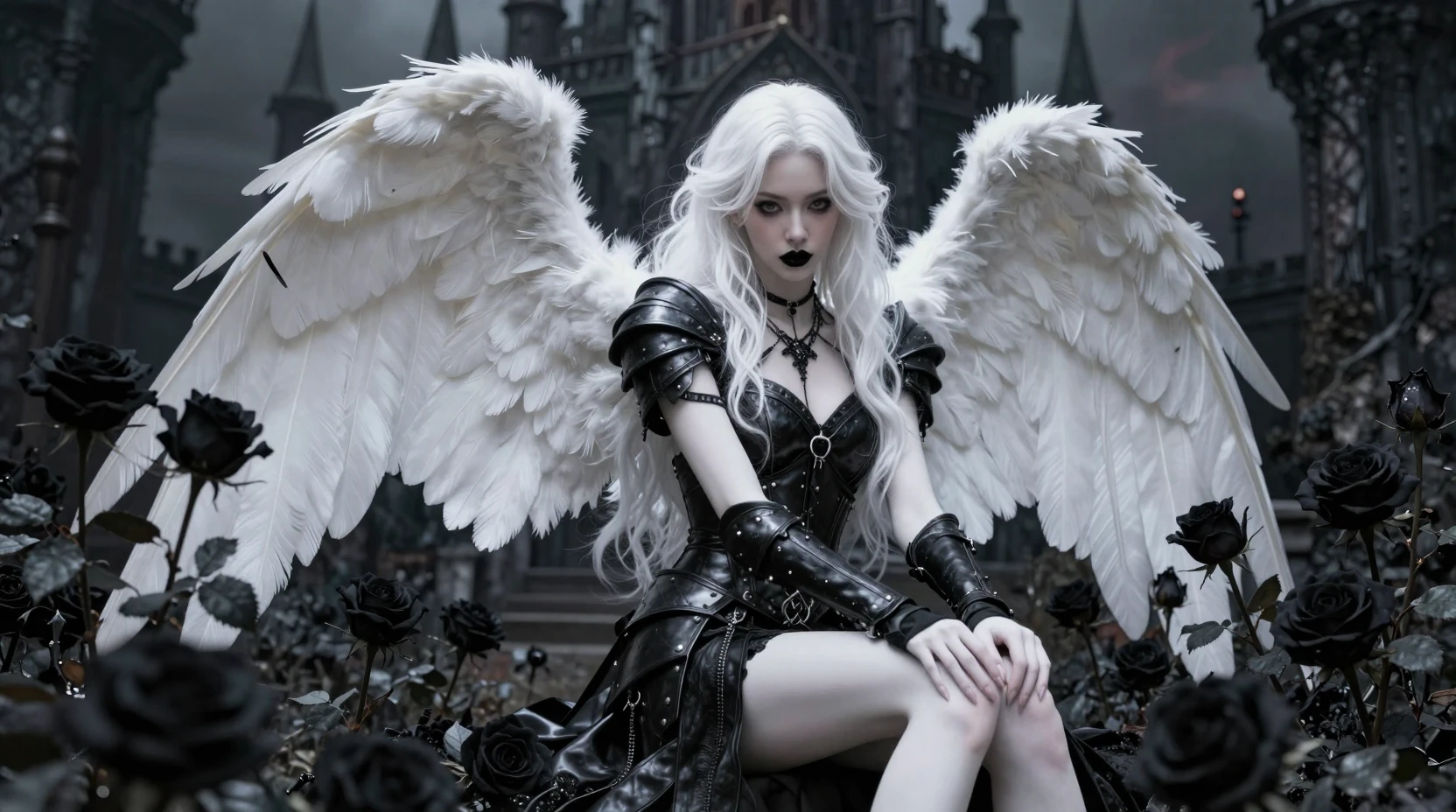 Gothic angel in leather armor among black rose garden