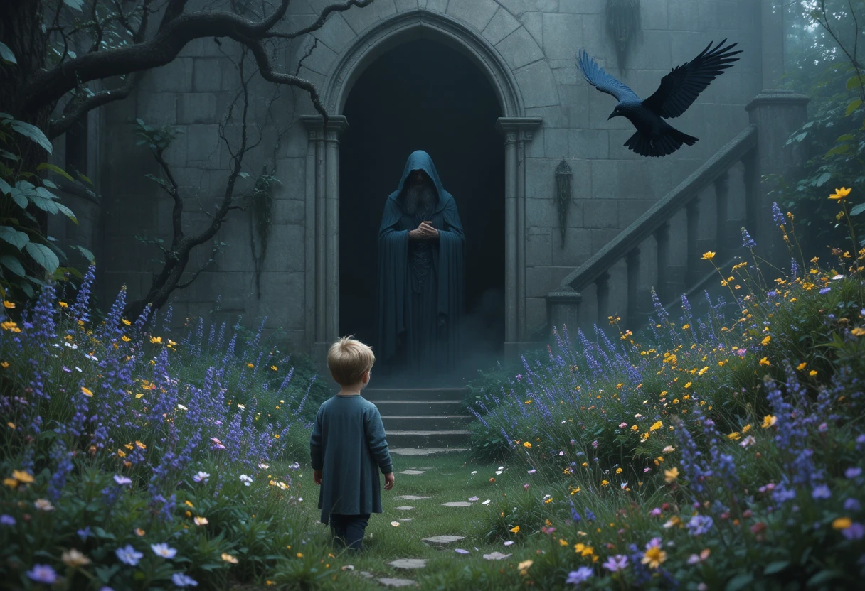 Mystical mentor and child in a quiet twilight meadow