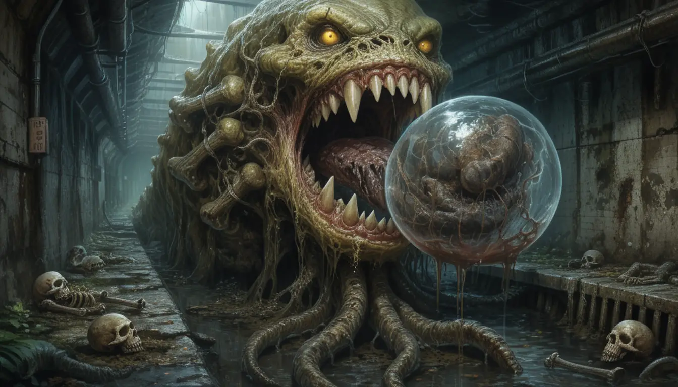 Monstruo grotesco de alcantarilla con fauces tentaculares y huesos