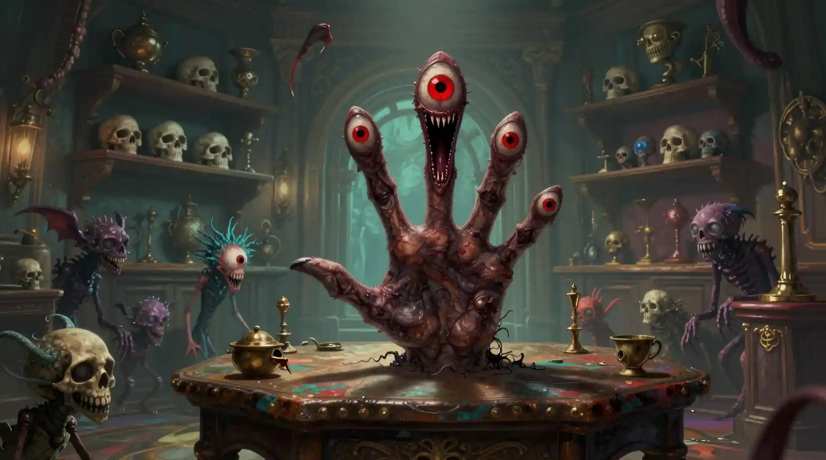 Mano de monstruo aterradora con ojos que surge de una mesa antigua