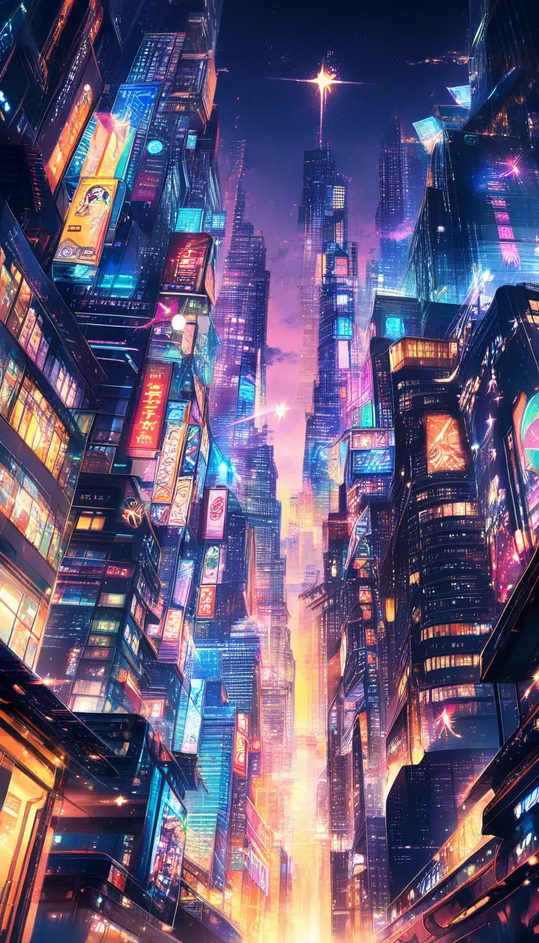 Futuristic city skyline glowing with neon at twilight