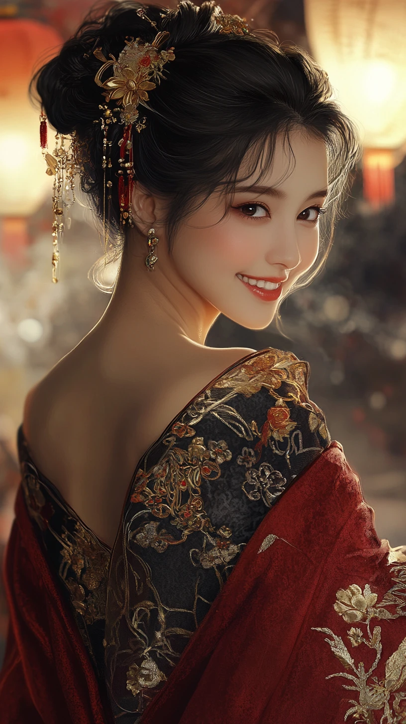 紅色禮服優雅東方女子在燈籠映照下