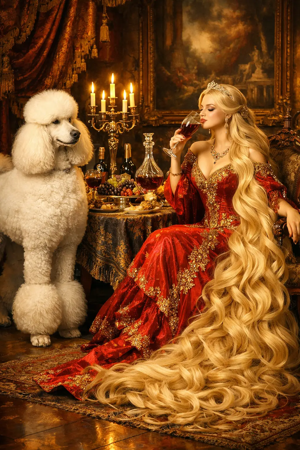 Elegante mujer rubia con vestido rojo cenando con caniche blanco