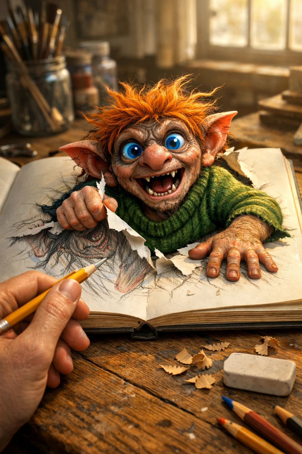 Trol Surgiendo de un Cuaderno de Bocetos en un Estudio de Artista Iluminado por el Sol