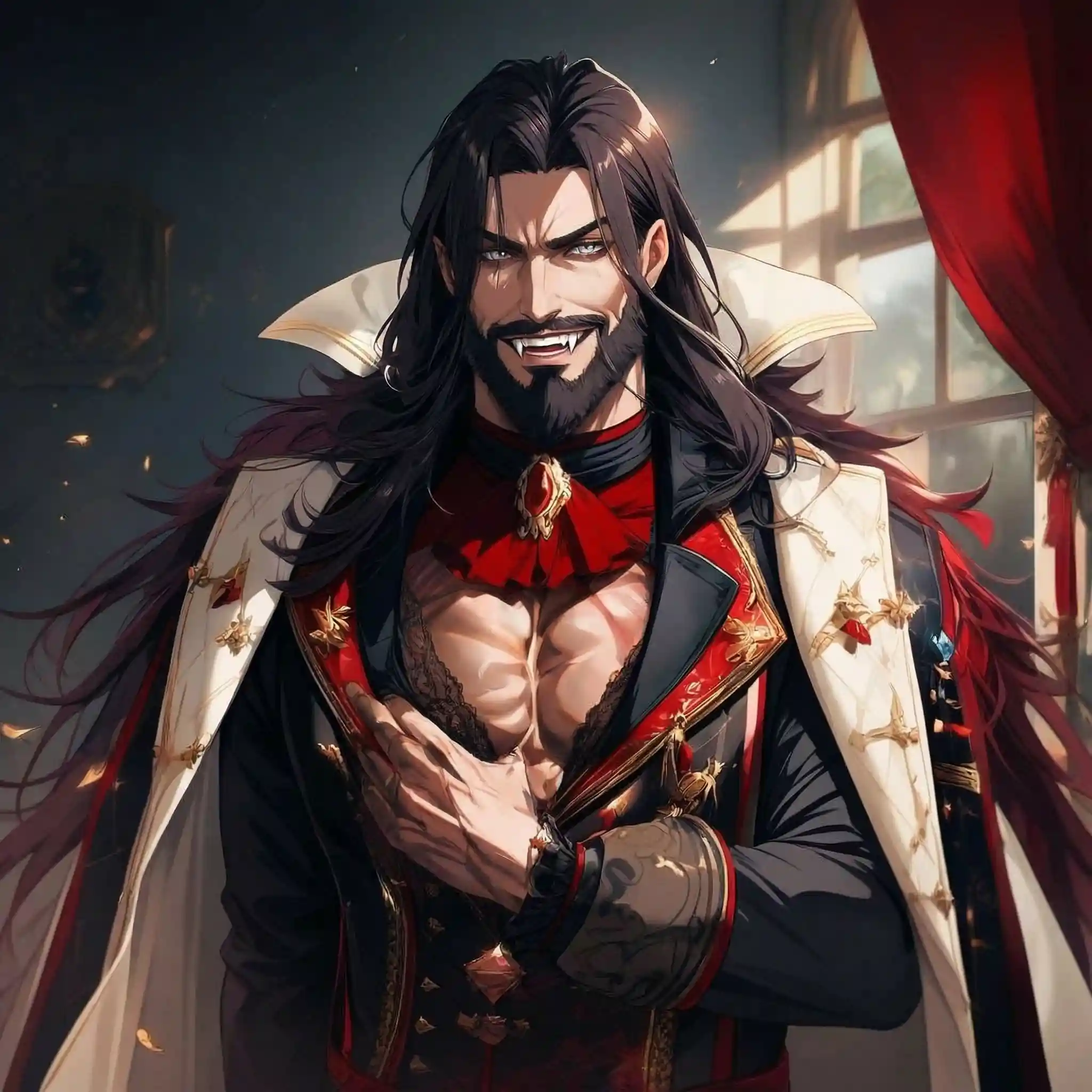 Close up of a man with silver eyes and vampire fangs