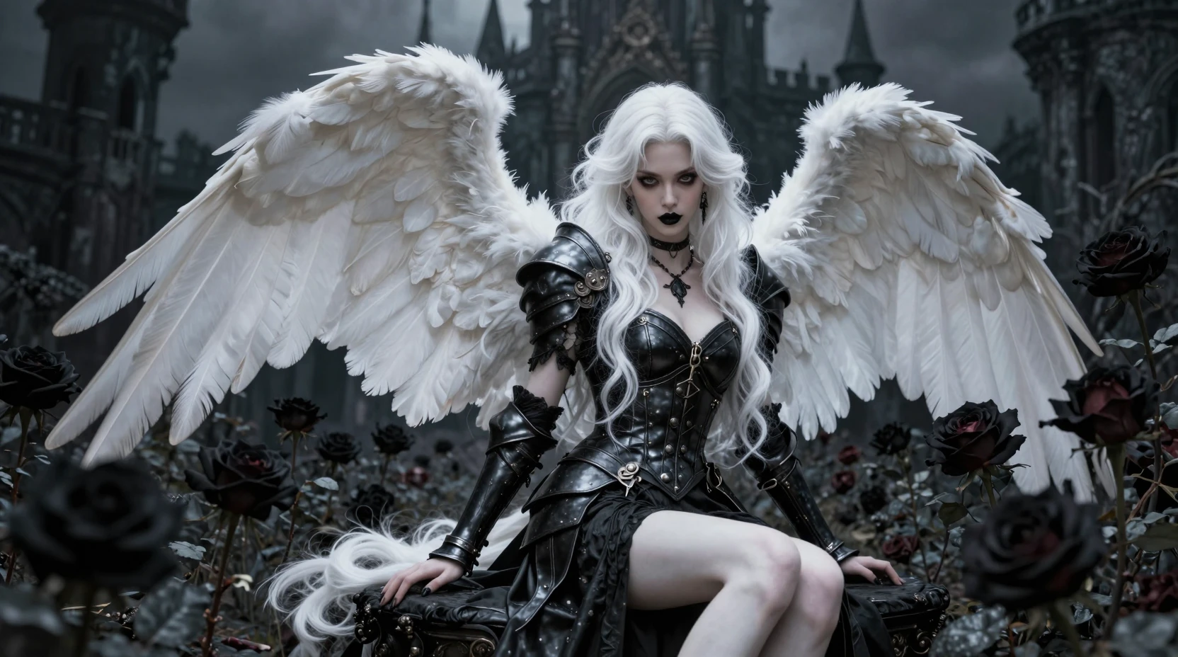 Gothic angel in leather armor among black rose garden