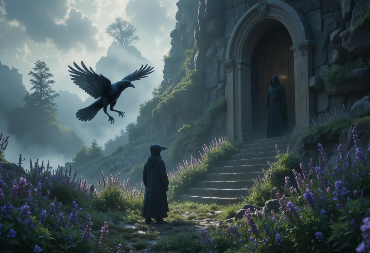 Mystical man in a doorway sharing wisdom in a meadow