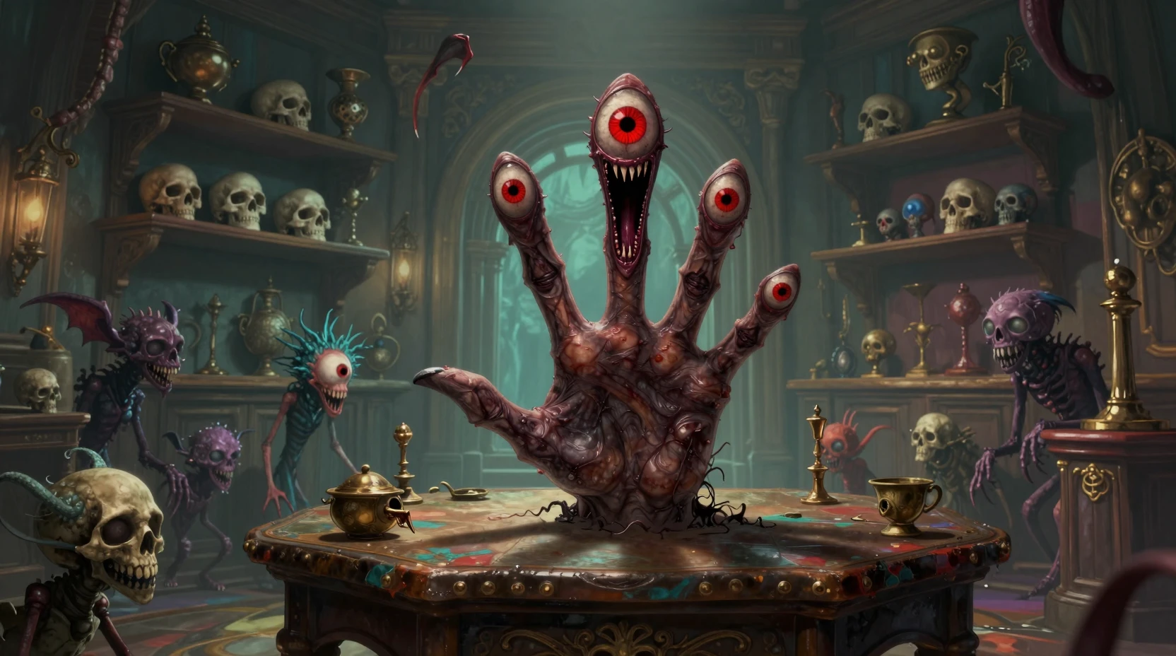 Mano de monstruo aterradora con ojos que surge de una mesa antigua