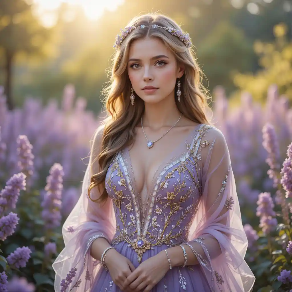 Ethereal Woman In Lavender Gown In Sunlit Flower Garden