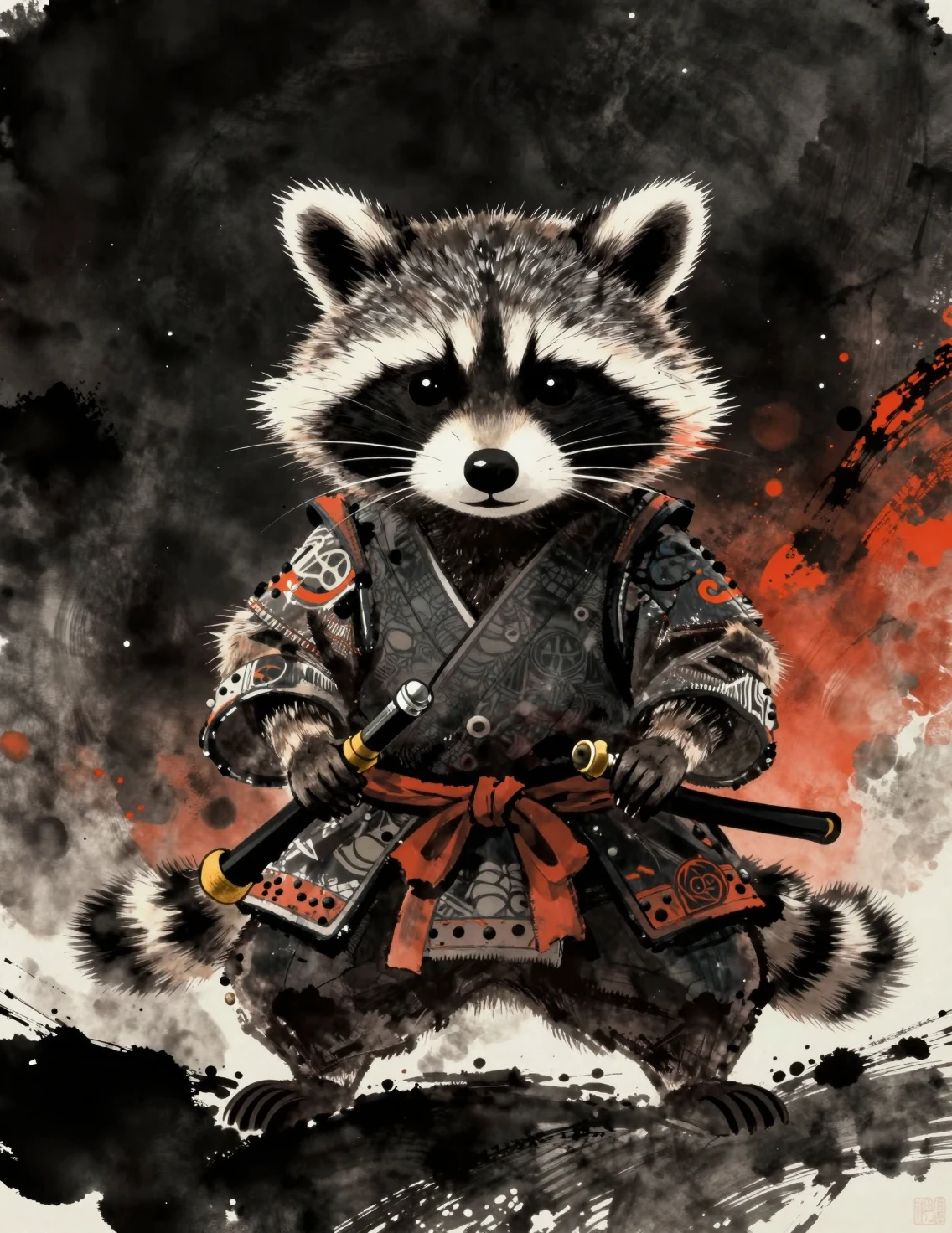 Samurai raccoon warrior floating in dramatic deep space