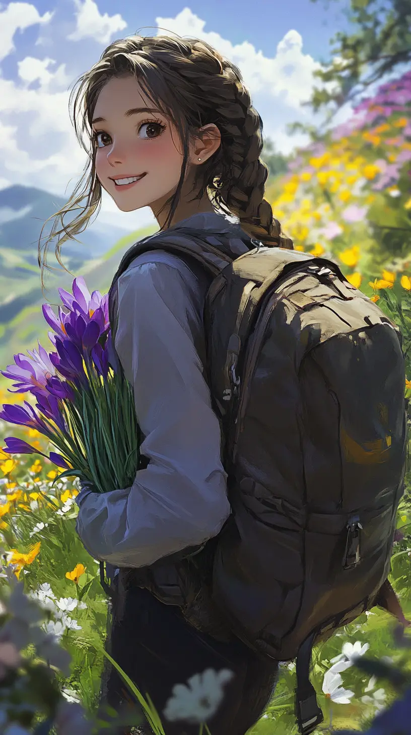 Smiling anime girl with flowers spilling from her backpack