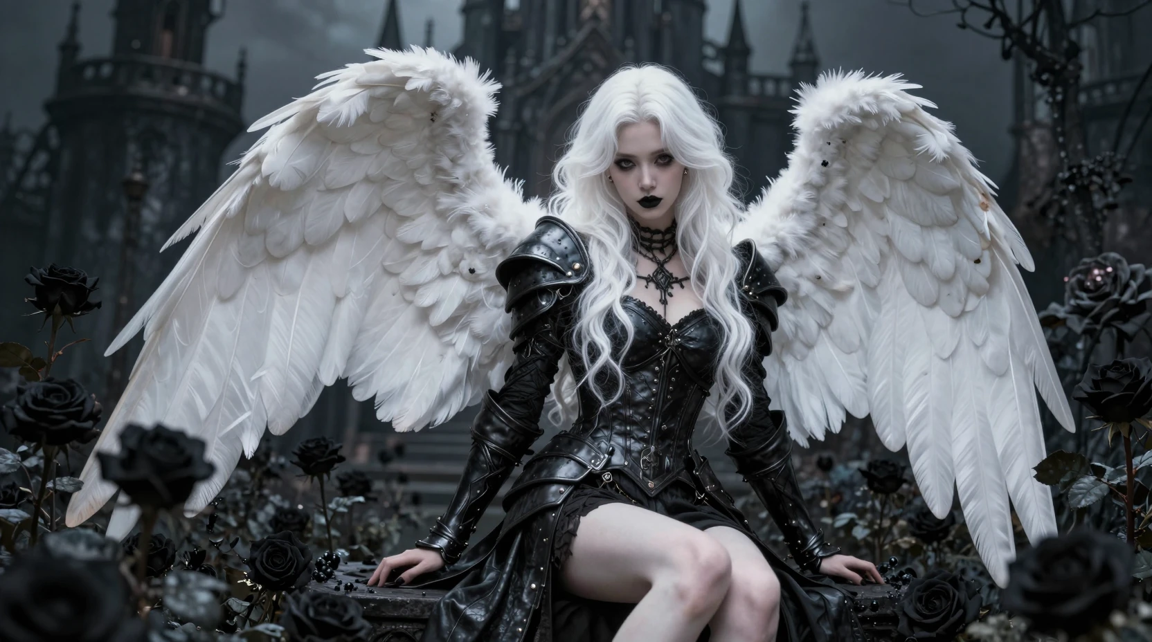 Gothic angel in leather armor among black rose garden