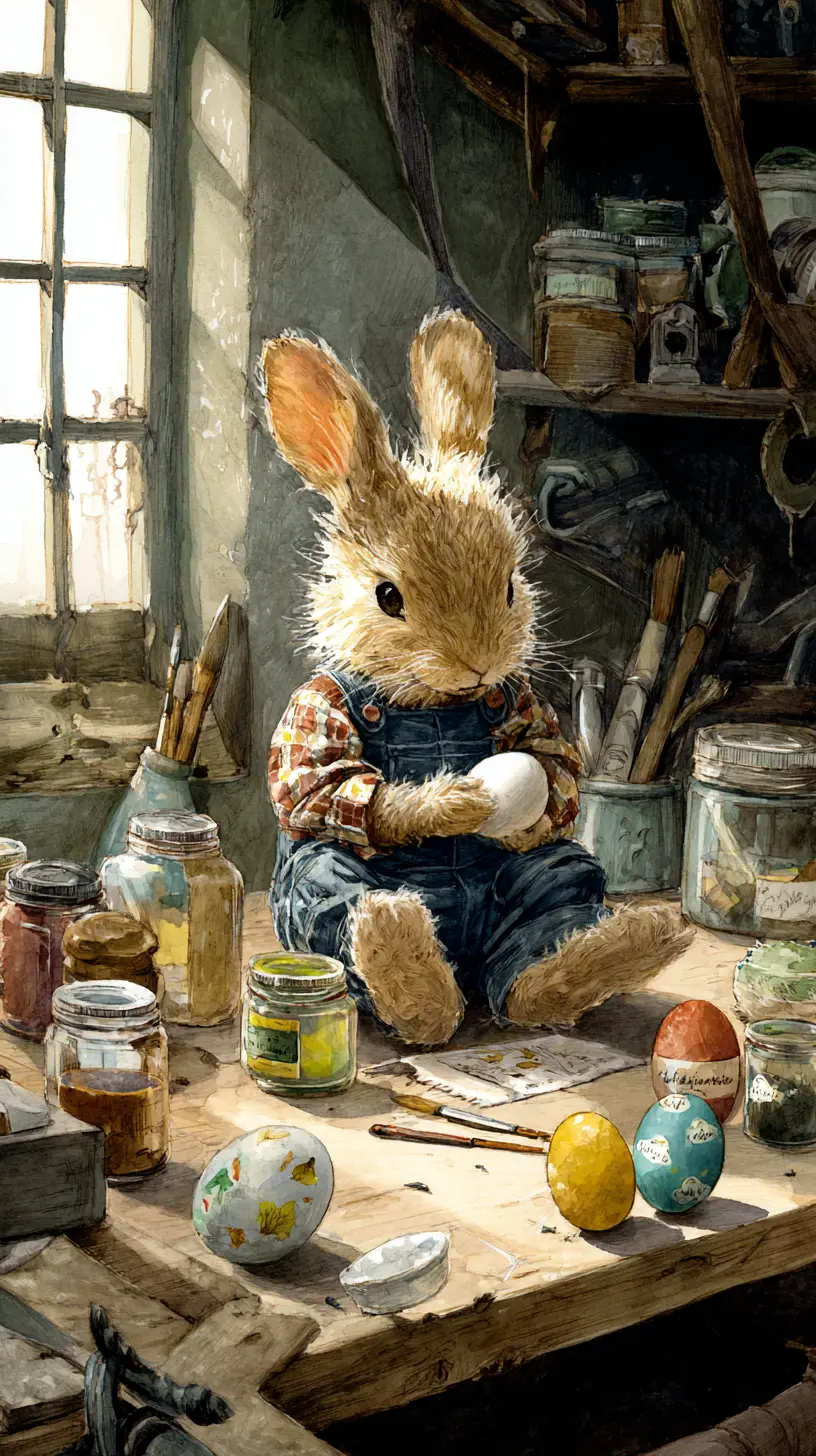 Shaggy Easter Rabbit Painting Eggs At Wooden Workbench