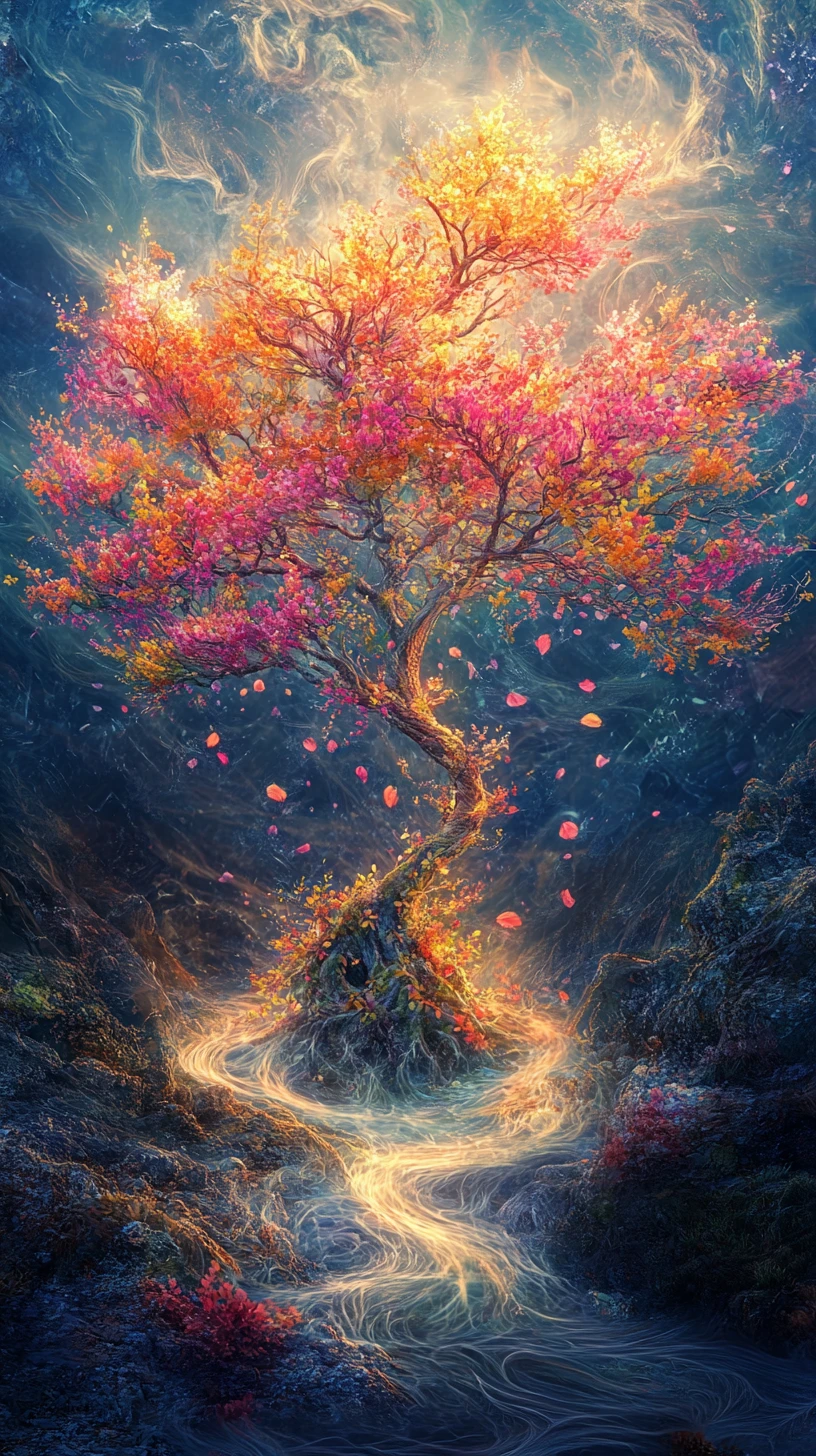 Verdorrter Baum erblüht im Sonnenlicht in bunten Farben