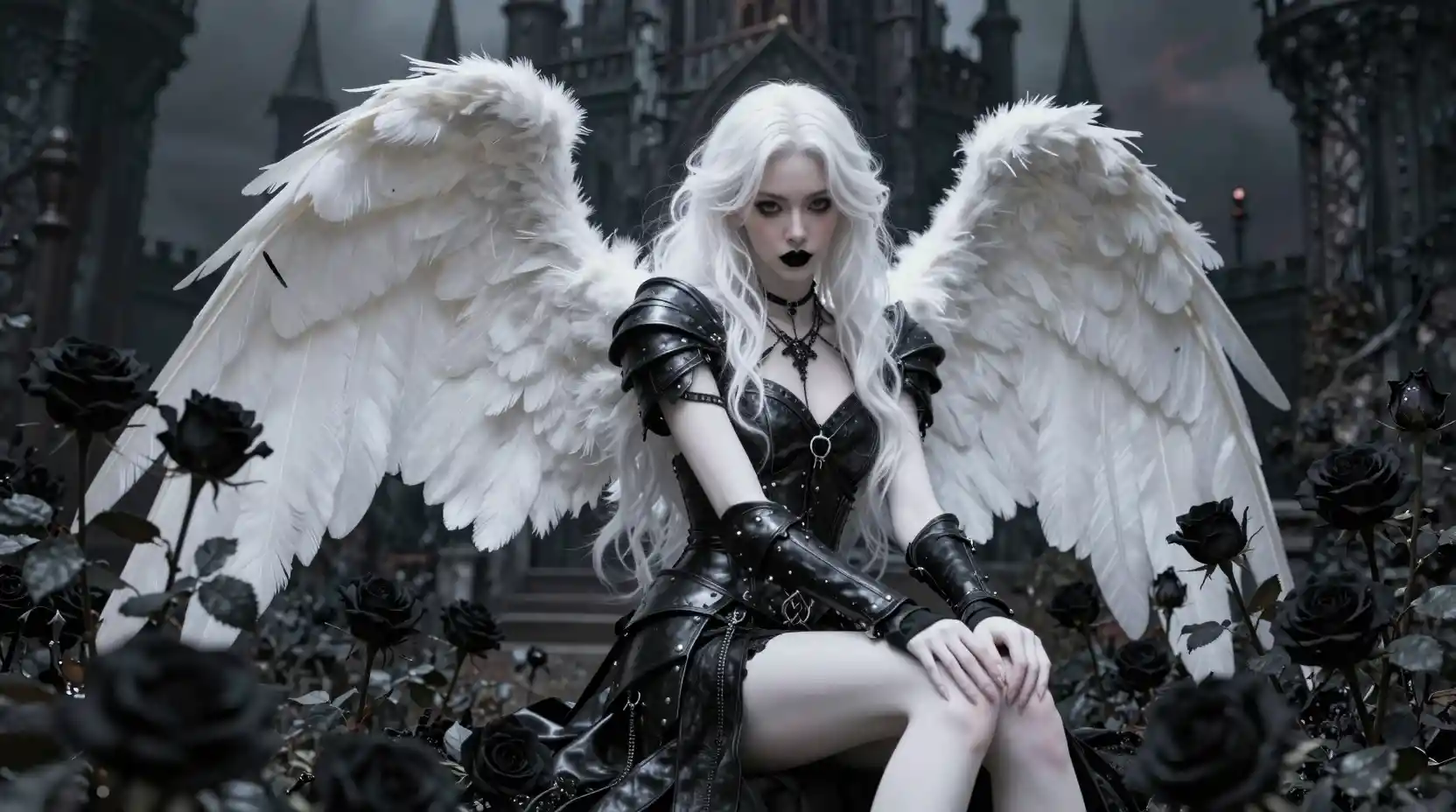 Gothic angel in leather armor among black rose garden
