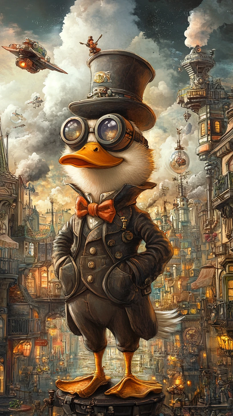 Pato elegante en una fantasiosa ciudad en miniatura de estilo steampunk