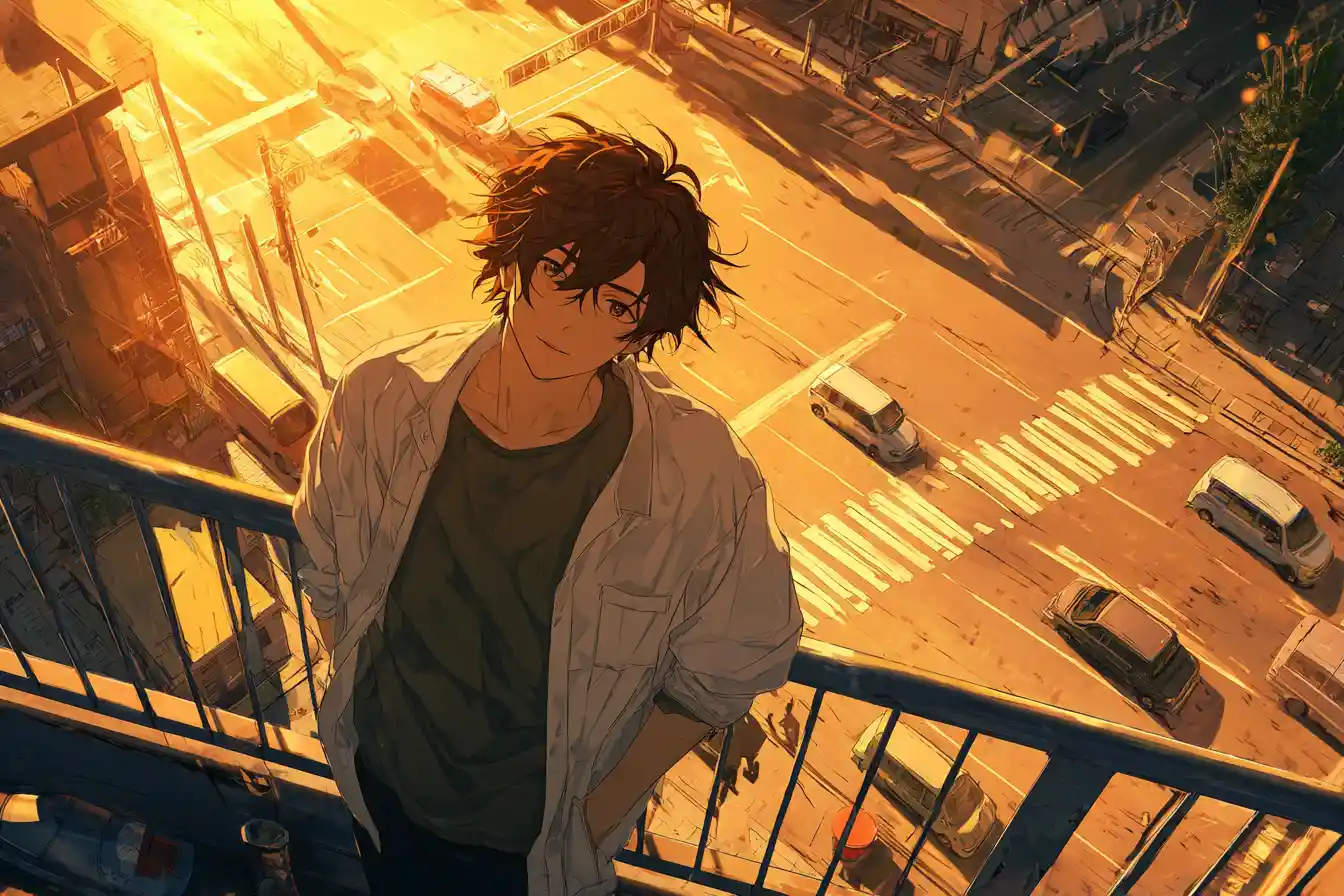 Anime man leaning on a bridge railing, looking at an overhead view of a golden, sunlit street.