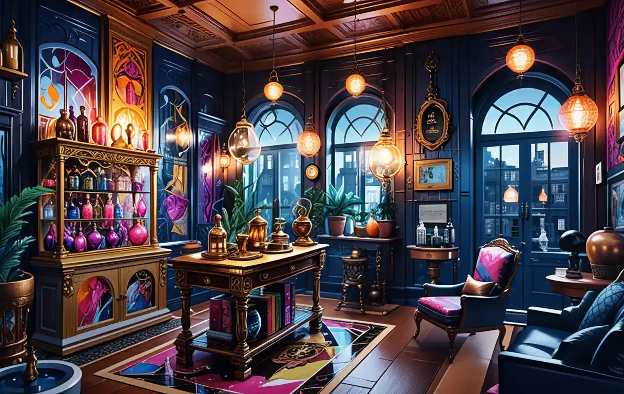 Ilustración en Corte del Interior de Casa de Mercader de Fantasía de Dos Pisos