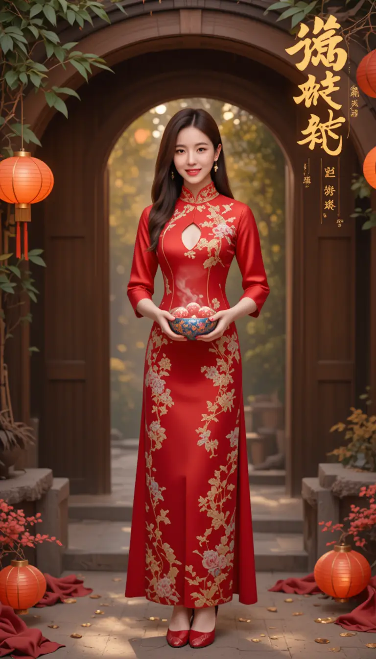 Elegant woman in red cheongsam with lantern festival dessert