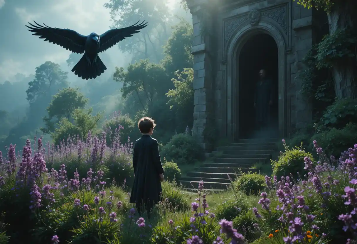 Mystical man in doorway sharing wisdom in a quiet meadow