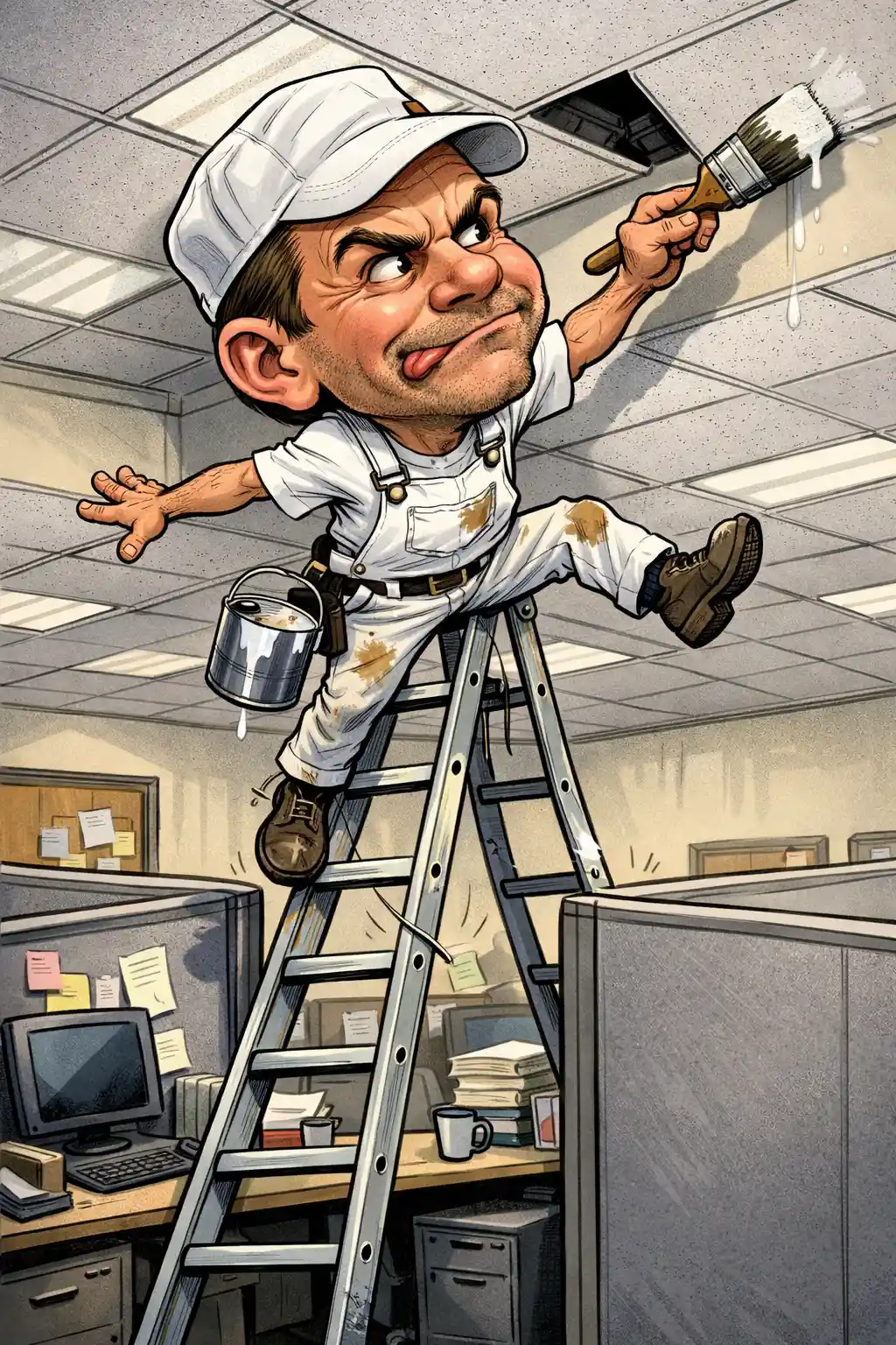 Office painter wobbling on a tall ladder between cubicles