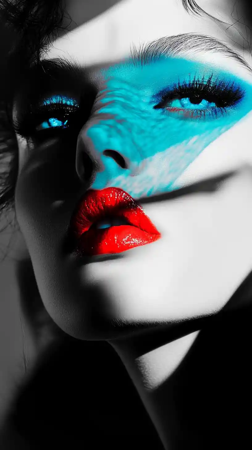 Black and white portrait of an eccentric woman with vivid colors
