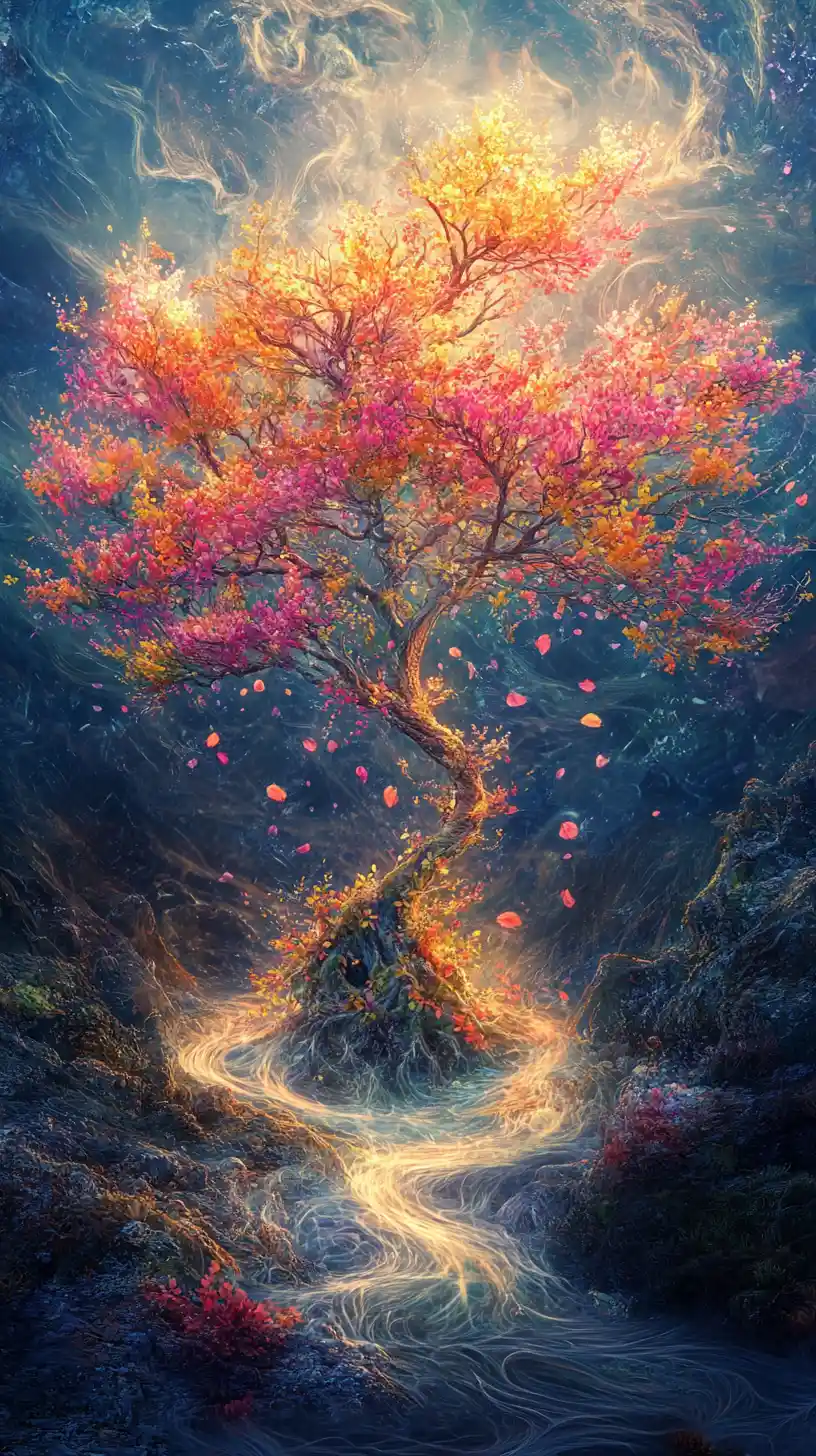 Verdorrter Baum erblüht im Sonnenlicht in bunten Farben