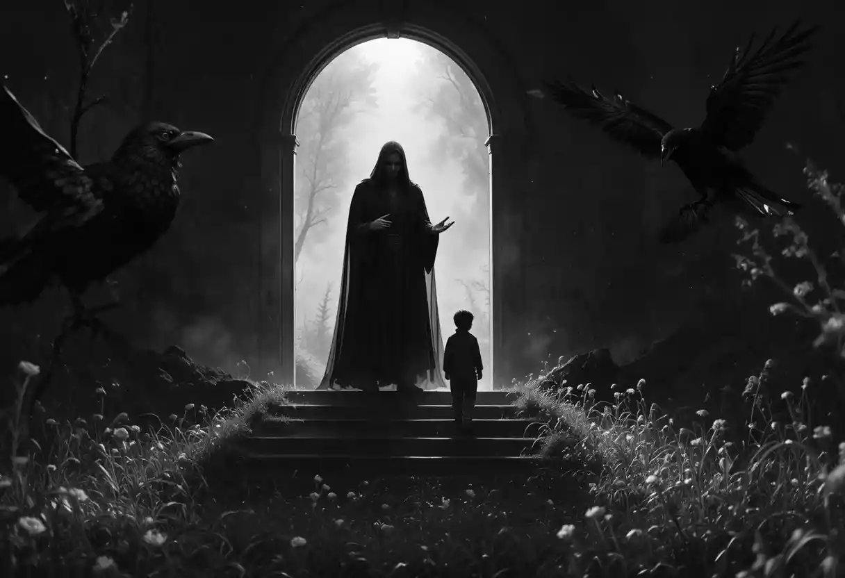 Mystical figure teaching a child at a doorway in twilight