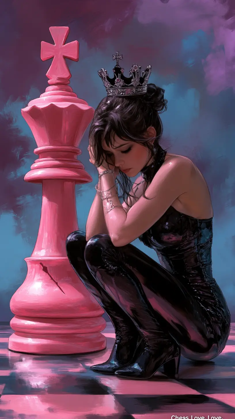 Chess queen woman before a giant pink surreal chess piece