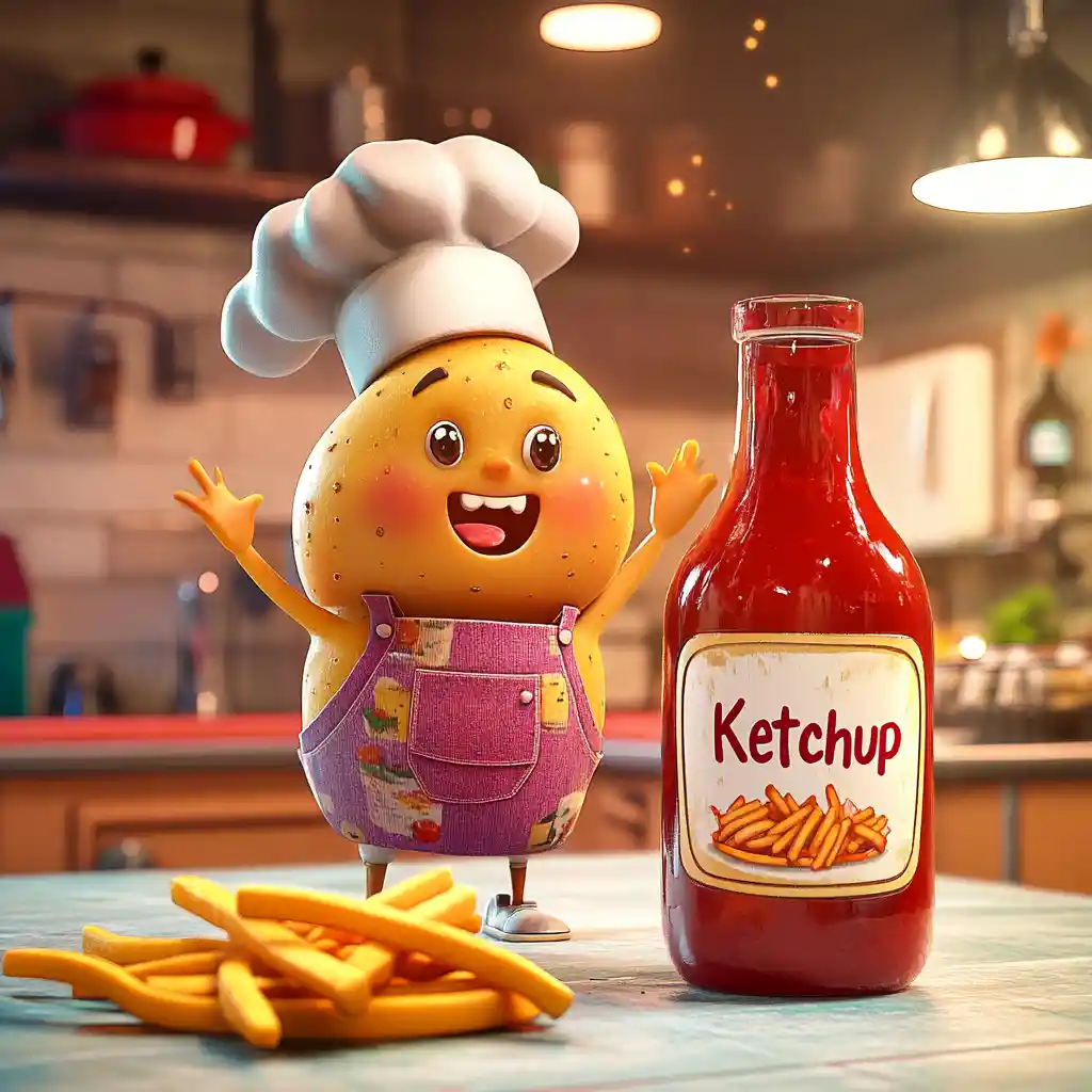 Cheerful Potato Chef Shaking Giant Ketchup Bottle