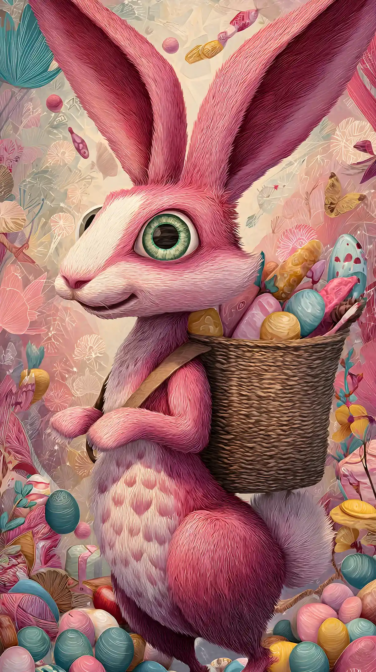 Joyful Easter rabbit leaping through colorful candy