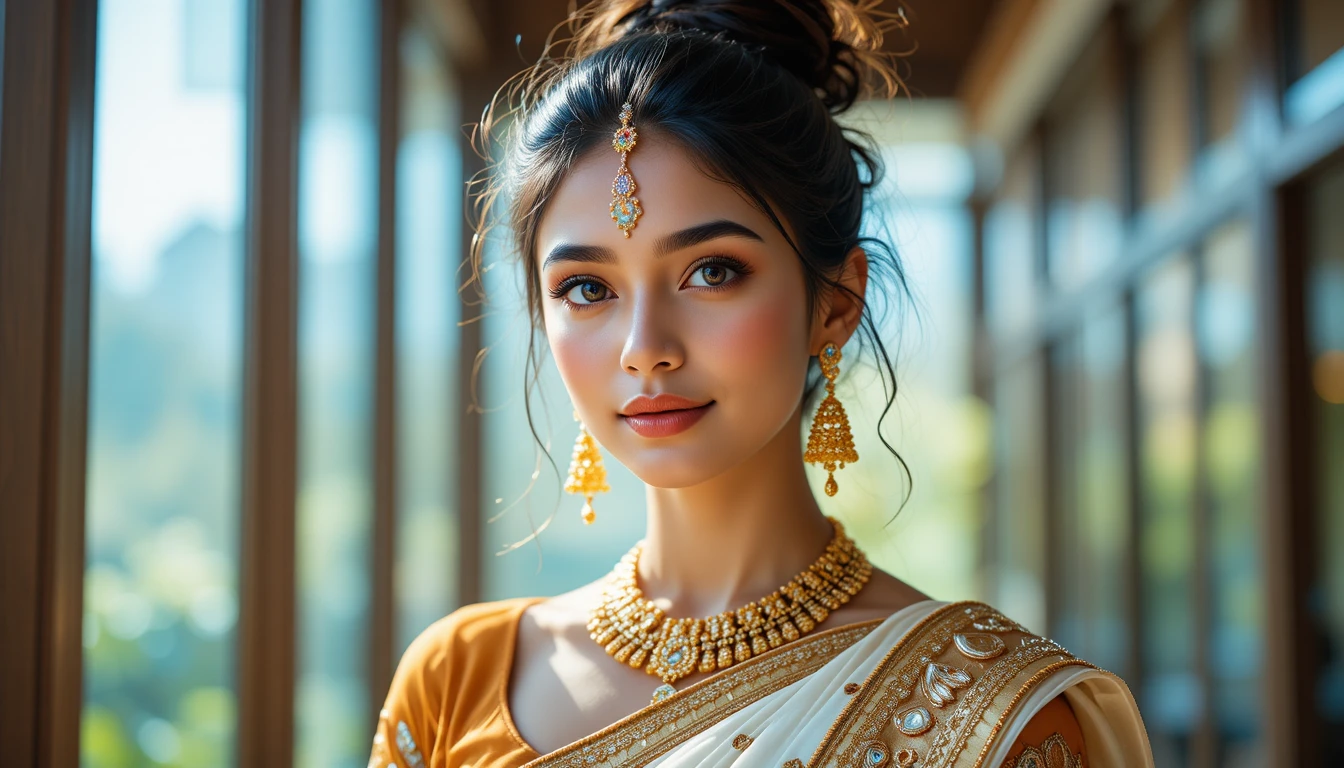 Indian girl portrait in white saree by window