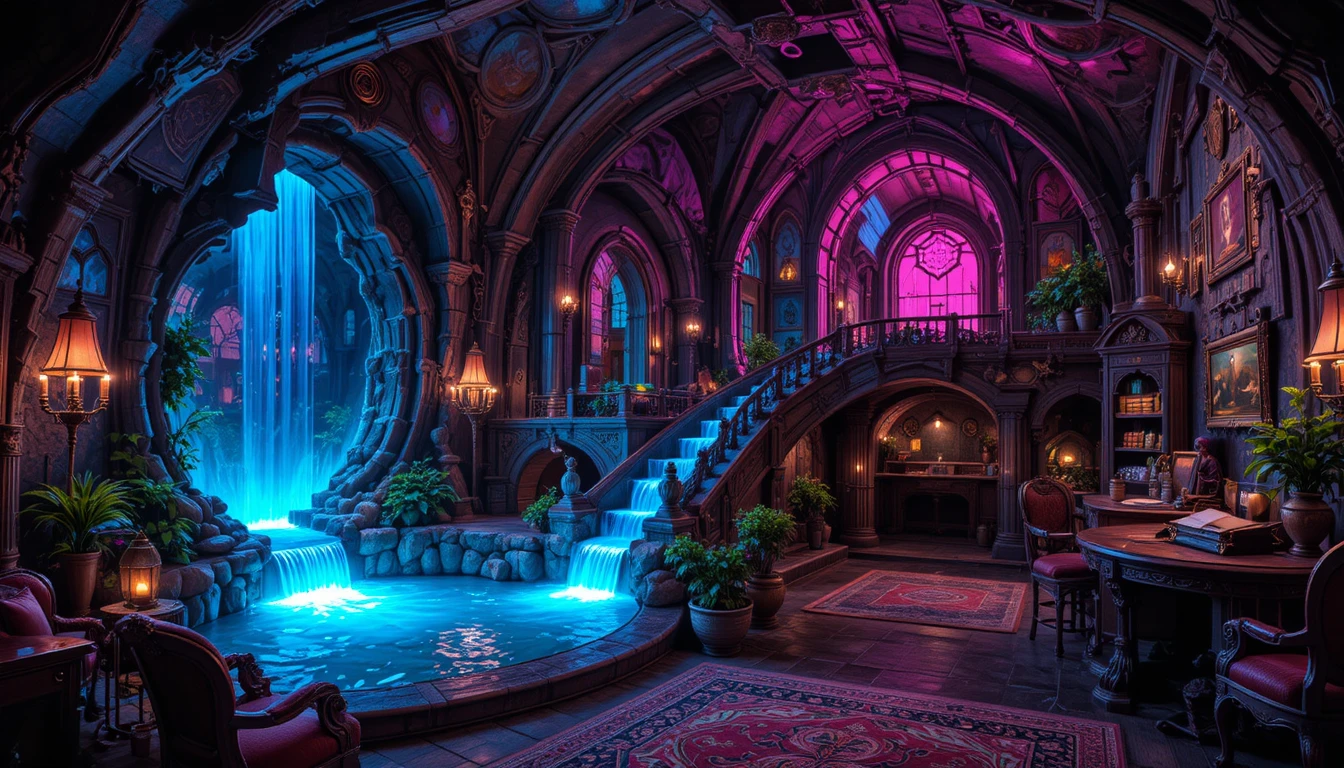 Lavish neon cave house interior with arched walkways