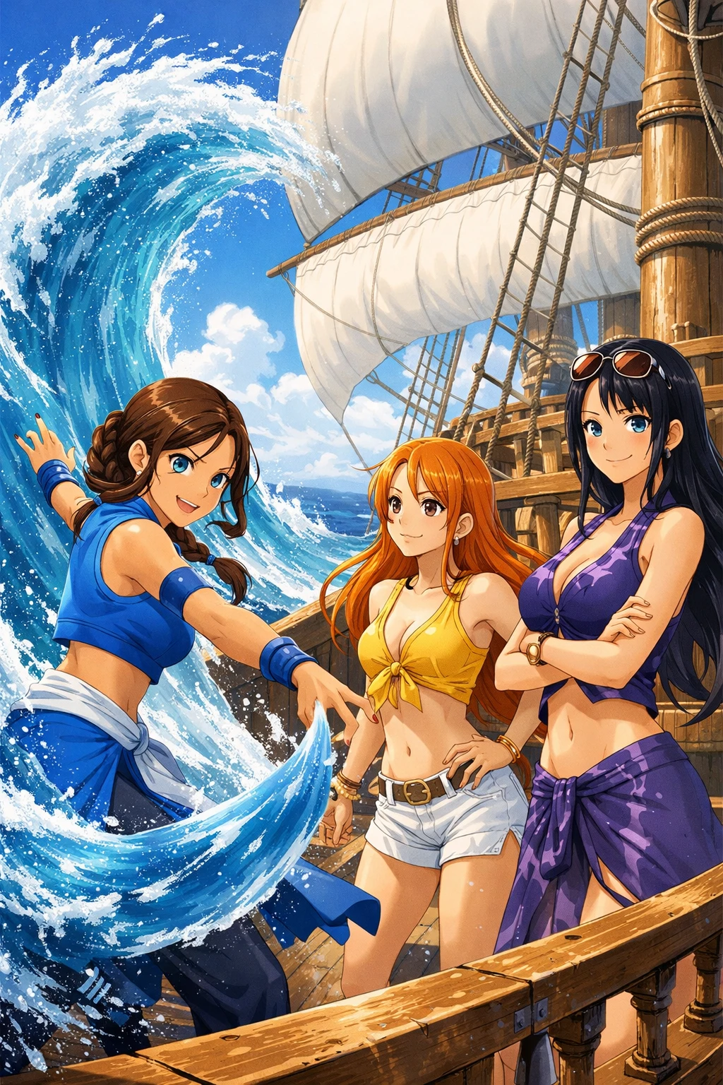 日差しの差し込む帆船デッキの3人のアニメヒロイン