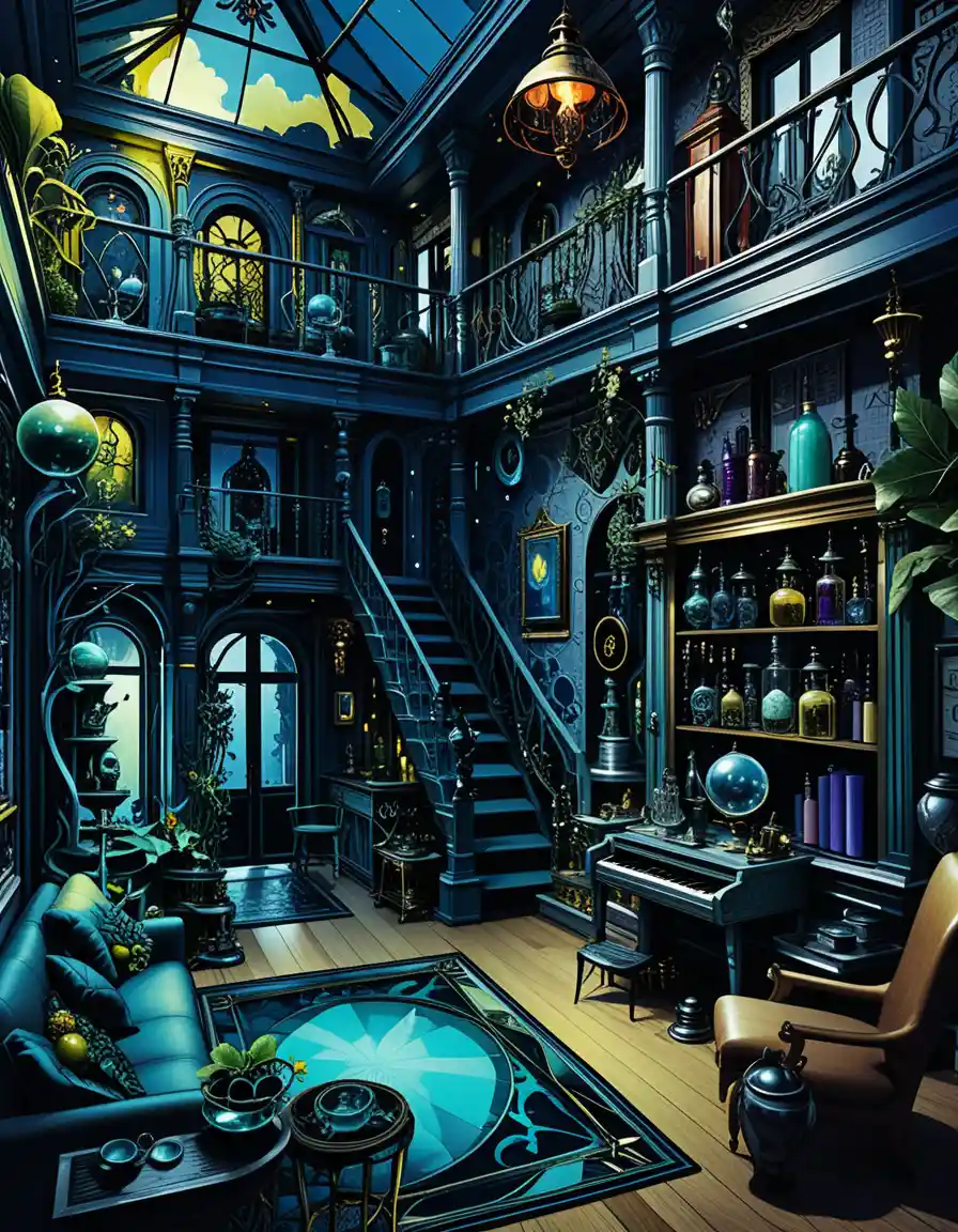 Fantasy-Kaufmannshaus mit zwei Stockwerken – Diorama, Innenansicht im Aufriss