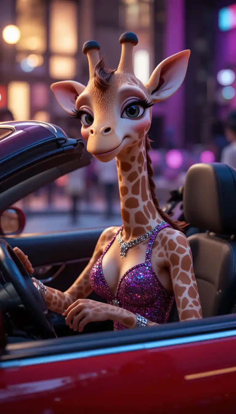 Elegante personaggio giraffa 3D in abito da sera in una scena in auto