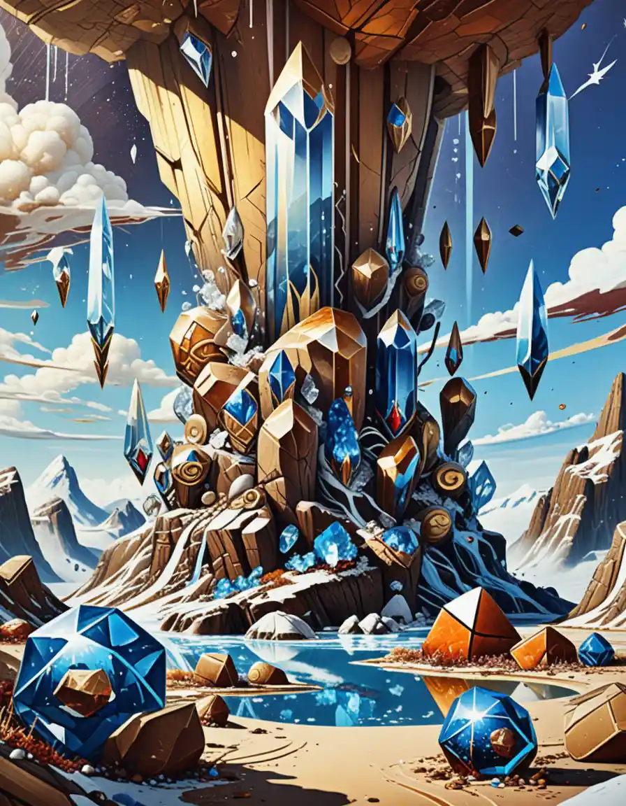 Surreal fantasy landscape with giant crystals rising from earth