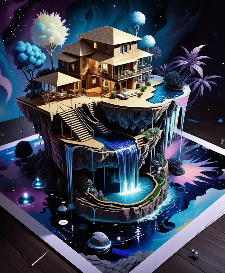 Villa su Isola Fluttuante Diorama 3D Fantasy con Cascate