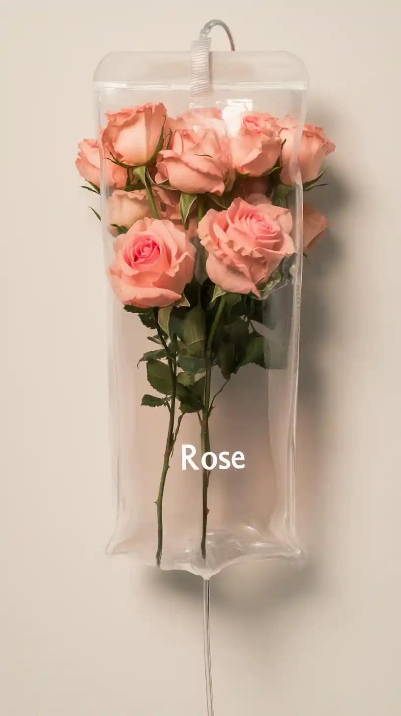 Infusionsbeutel, der mit Rosen gefüllt ist, vor hellem, einfarbigem Hintergrund