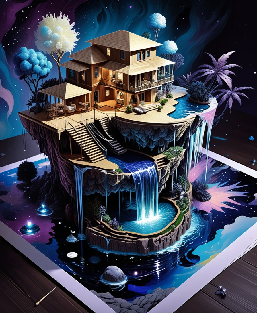 Villa su Isola Fluttuante Diorama 3D Fantasy con Cascate