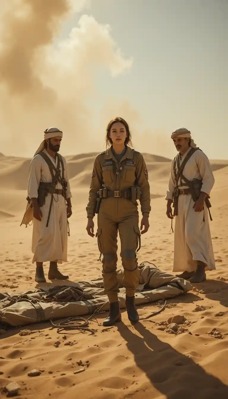 Female pilot standing in desert as villagers offer help
