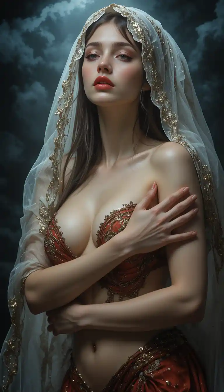Sensual Close Up Of Red Lips Behind A Sheer Veil