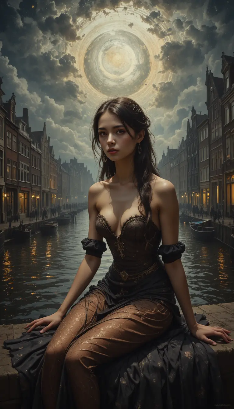 Dutch woman seated beside an Amsterdam canal at dusk