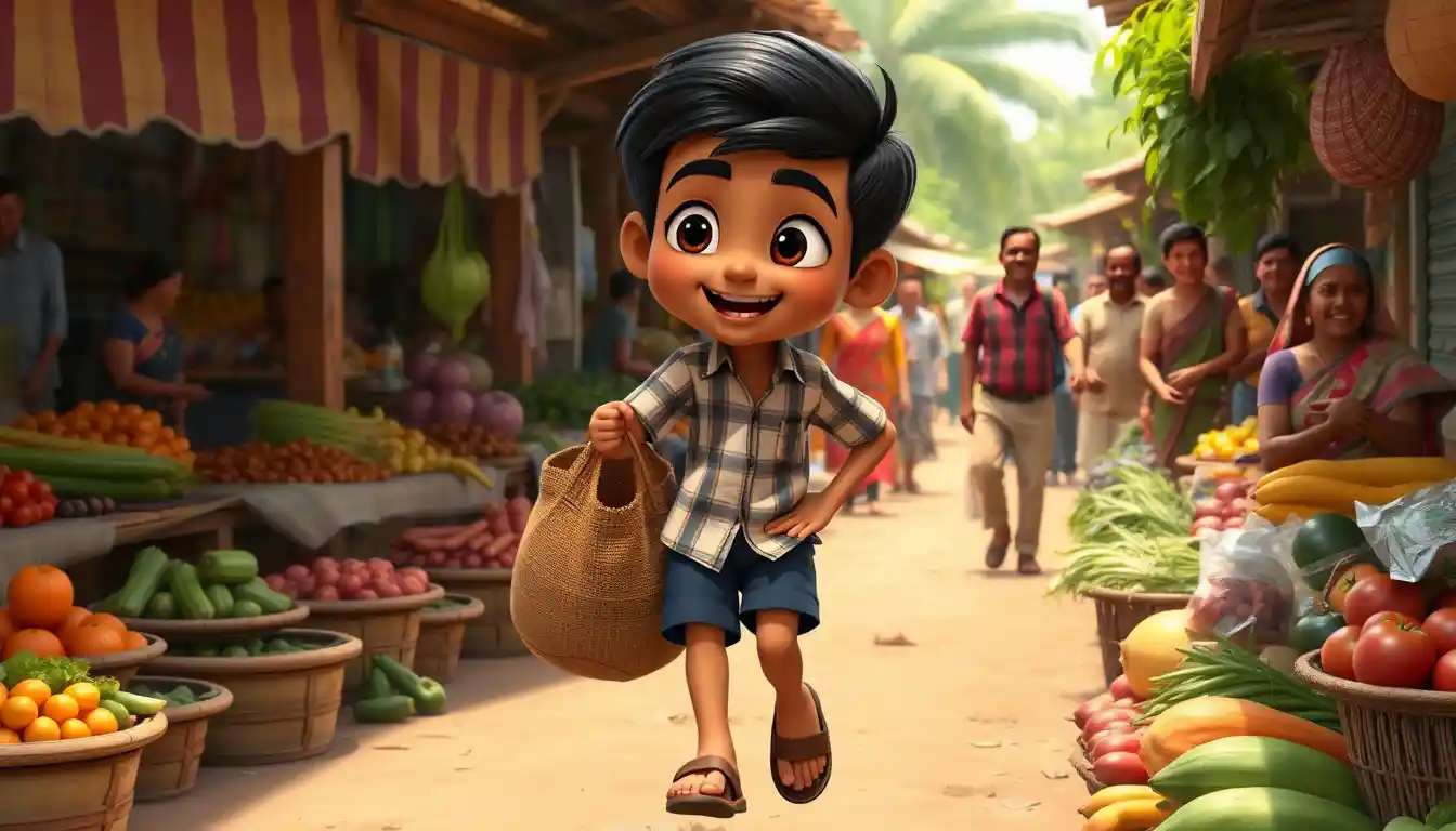 Niño ayudando a un anciano en un concurrido mercado del pueblo
