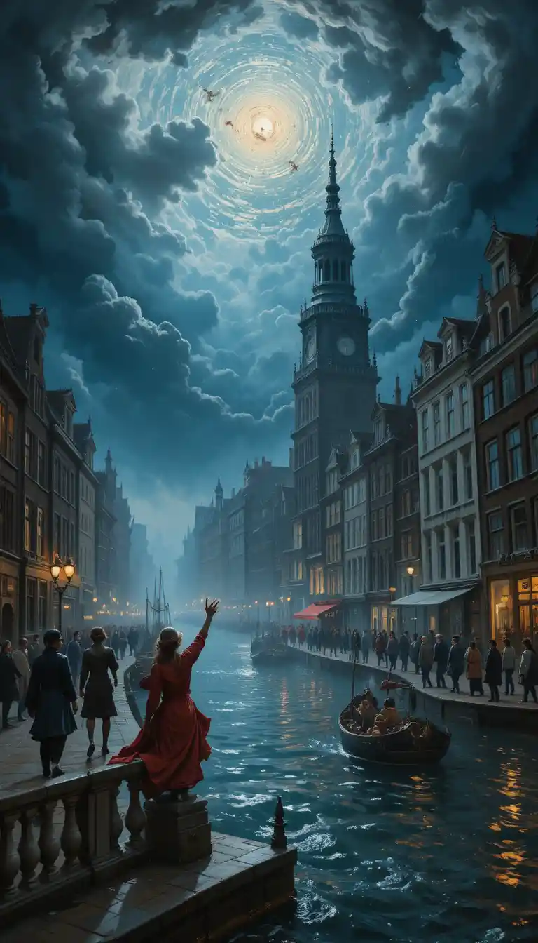 Dramatische Amsterdamer Kanal-Stadtansicht mit barocker Atmosphäre