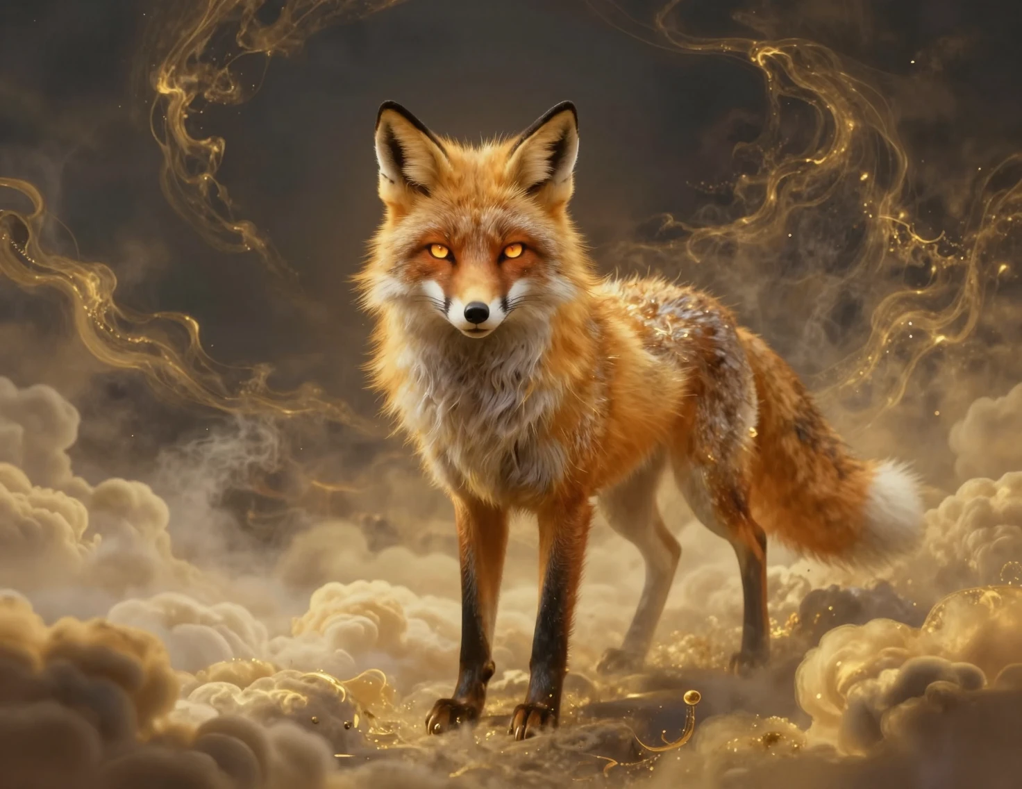 Majestuoso espíritu de zorro dorado emergiendo de nubes en espiral