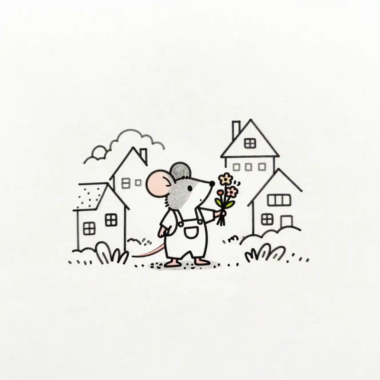 Playful mouse doodle holding flowers on white background