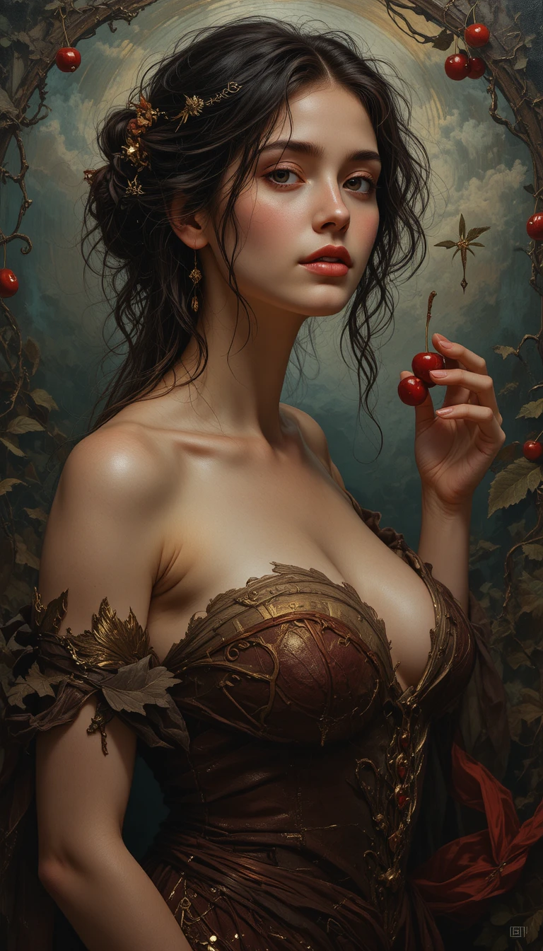Dramatic baroque portrait of a girl with cherries