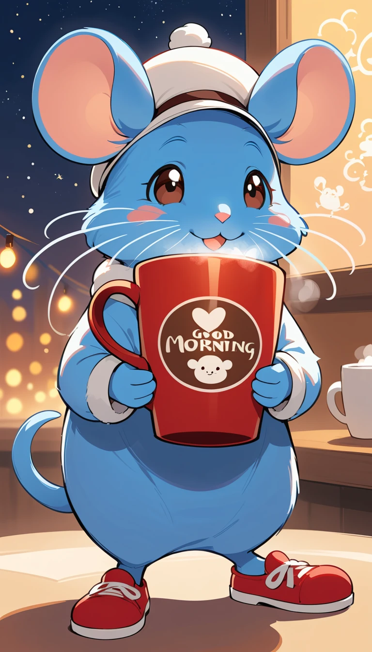 Cheerful cartoon blue mouse enjoying morning coffee
