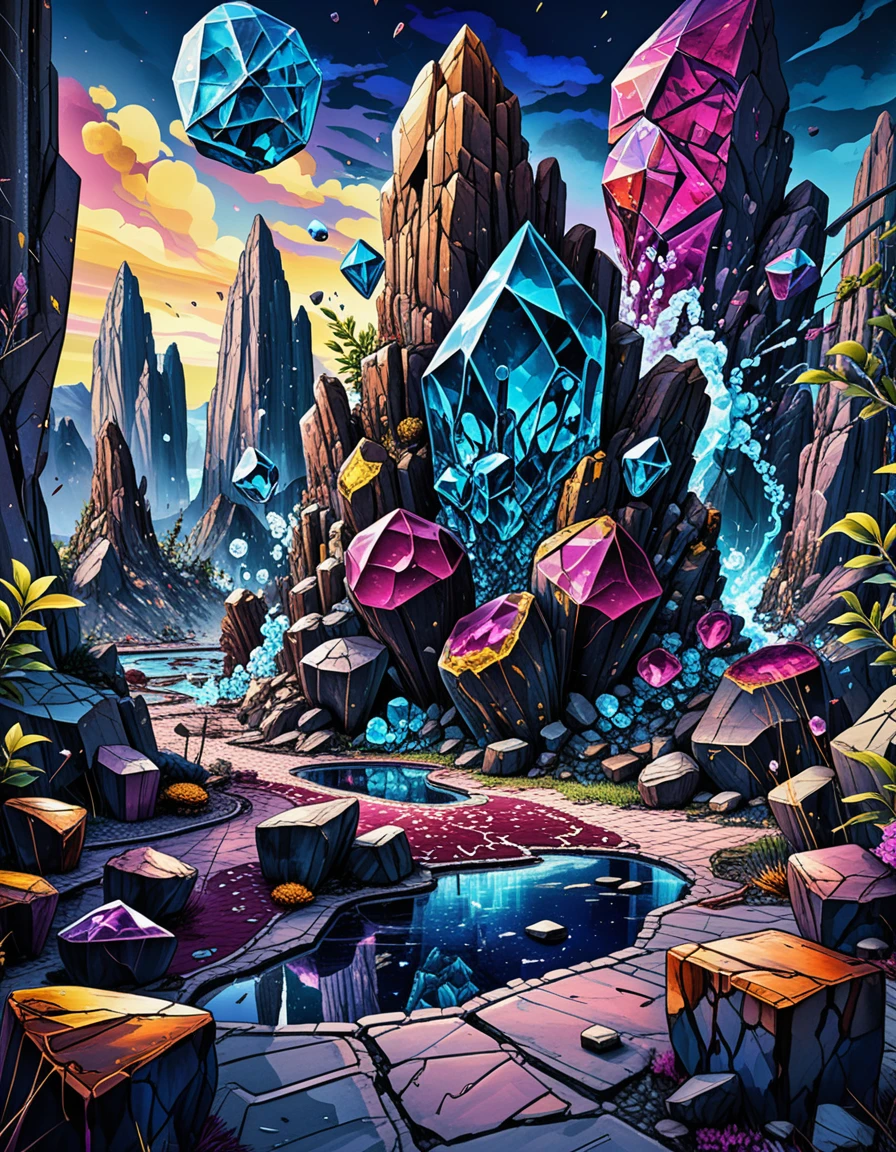 Paesaggio fantasy con cristalli giganti che erompono dal suolo